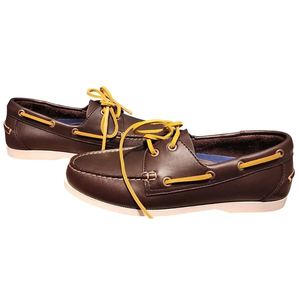 Lands End Brown Leather Boat Shoes Preppy Size 8.5 D READ These Run SMALL